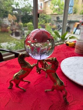 3 Brass horses  Sculpture Crystal Orb Holder with  Glass Sphere 10” tall